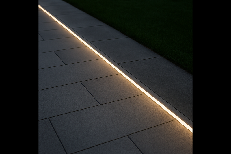 A crisp, modern paver pathway with a perfect line of light embedded along its edge, separating it neatly from the lawn.