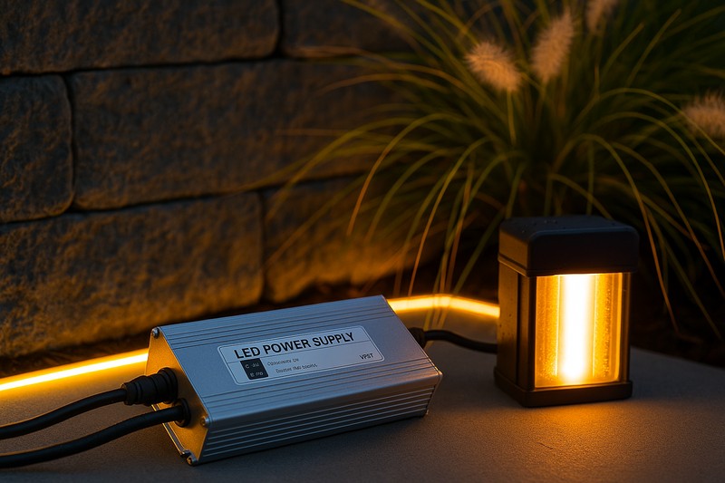 A high-quality, waterproof LED power supply next to a vibrant outdoor LED strip installation