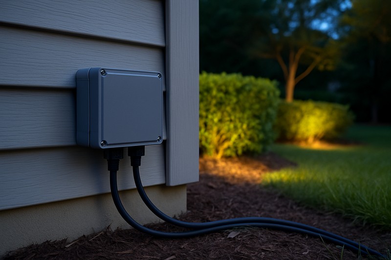 A weatherproof electrical box mounted on the side of a house, with wires leading out to the landscape.