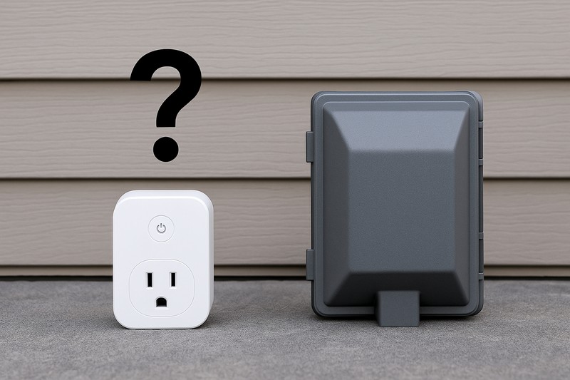 An image of a frail-looking indoor smart plug placed outside with a question mark over it, next to a rugged, weatherproof outdoor enclosure.