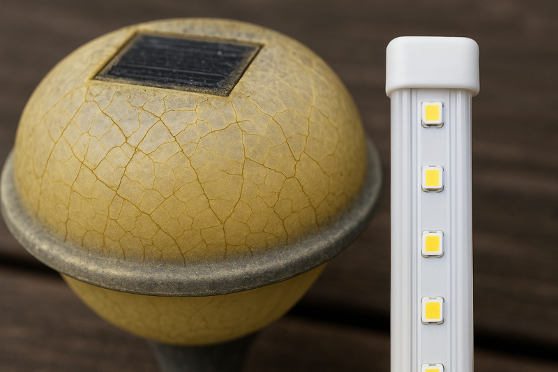 A close-up of a cracked and yellowed plastic solar light next to a pristine silicone-encased plug-in LED strip