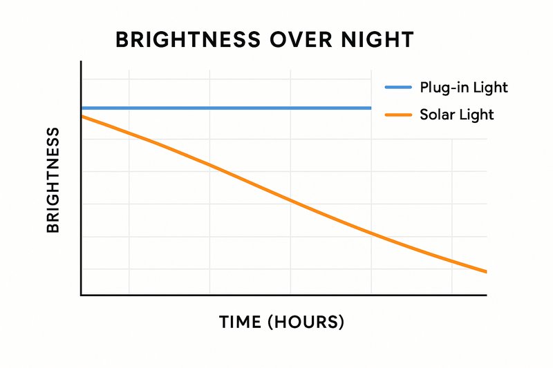 A graph showing consistent high brightness of plug-in light vs the declining brightness of a solar light over a night