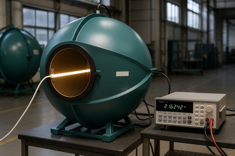 Verifying LED Strip Lumens with an Integrating Sphere An image of an integrating sphere being used to test an LED strip light in a factory setting