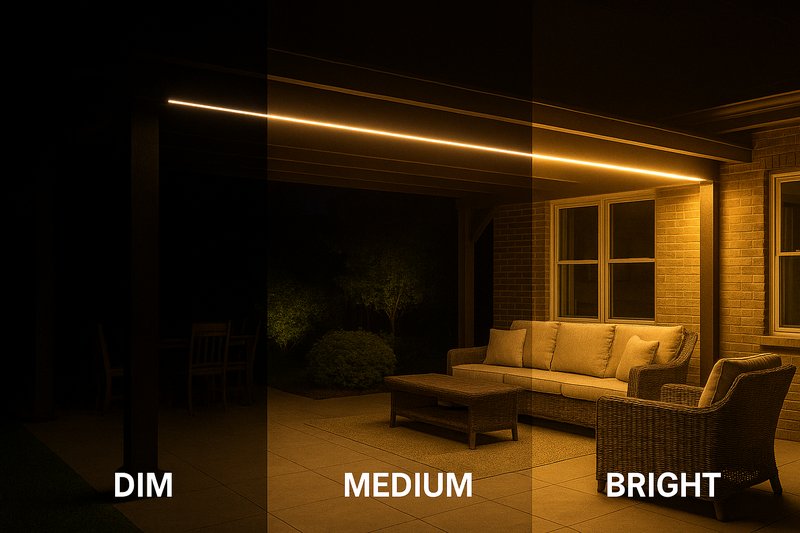 An outdoor patio beautifully illuminated with different brightness levels of LED strip lights