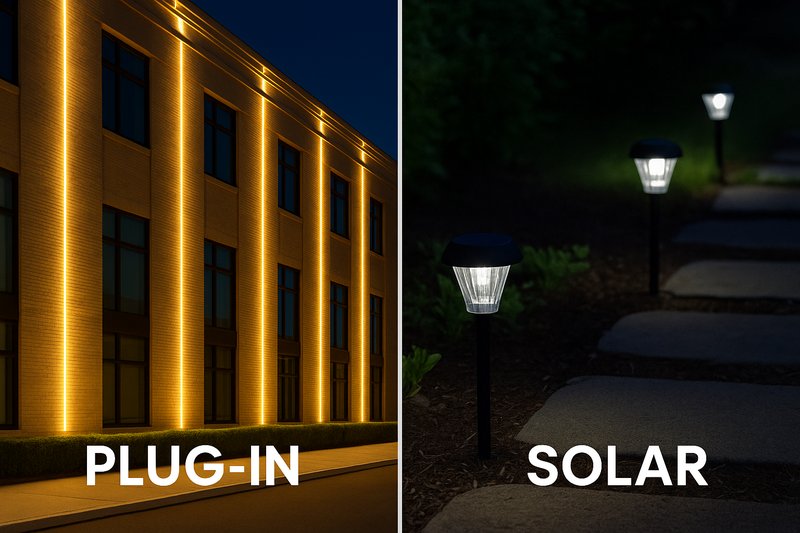 A split image showing a professionally lit building with plug-in strips and a small garden path with dim solar lights