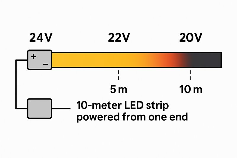 A diagram clearly showing voltage drop: a 10-meter LED strip is powered from one end. It starts at a bright 24V, but the voltage reading at the 5-meter mark is 22V, and at the 10-meter end, it's a dim 20V.