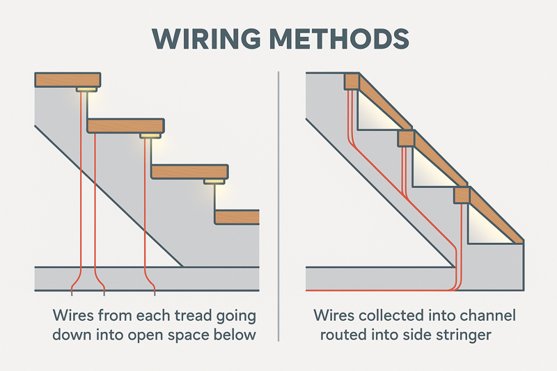 A diagram illustrating two wiring methods: one showing wires from each tread going down into an open space below, the other showing wires being collected into a channel routed into the side stringer.
