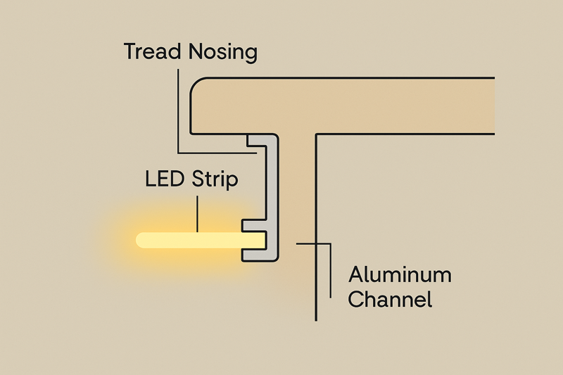 A close-up diagram or photo showing the ideal placement of an LED strip in an aluminum channel, tucked just behind the front lip (nosing) of a stair tread.