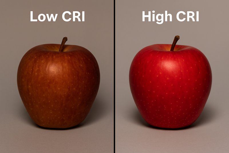A side-by-side comparison showing the same red apple under a low CRI light (dull, brownish) and a high CRI light (vibrant, rich red).