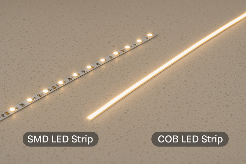 A close-up comparison shot. On the left, a traditional SMD LED strip reflecting dots on a countertop. On the right, a COB LED strip reflecting a clean, unbroken line of light.