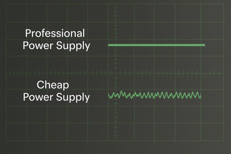 An oscilloscope screen showing two waveforms: a clean, flat DC line labeled 