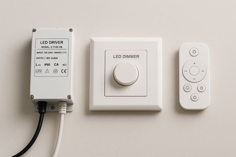 A clean shot of a professional-grade LED power supply (driver), a wall dimmer, and maybe a small remote, laid out neatly.