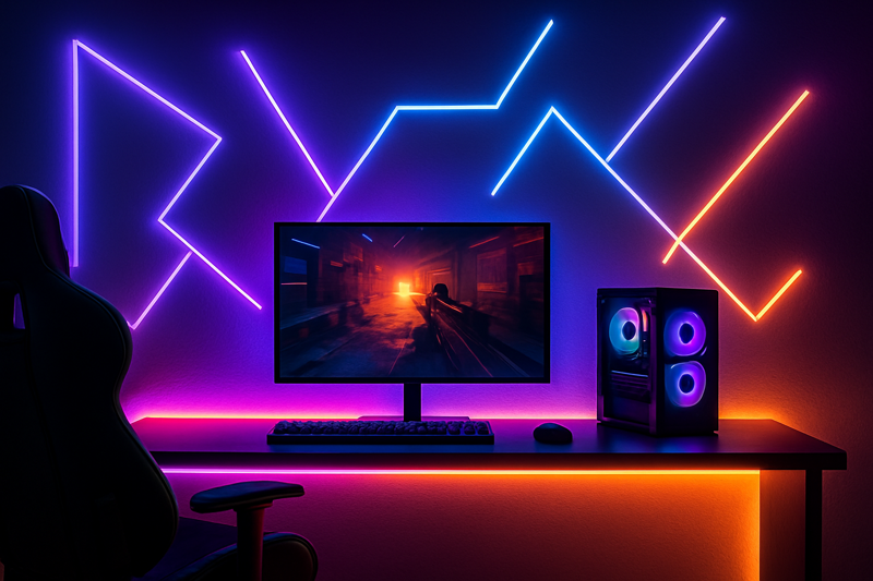 A wide shot of an epic gaming room at night. The desk is backlit, light lines trace patterns on the wall, and the colors on the strips are dynamically matching the vibrant action on the monitor