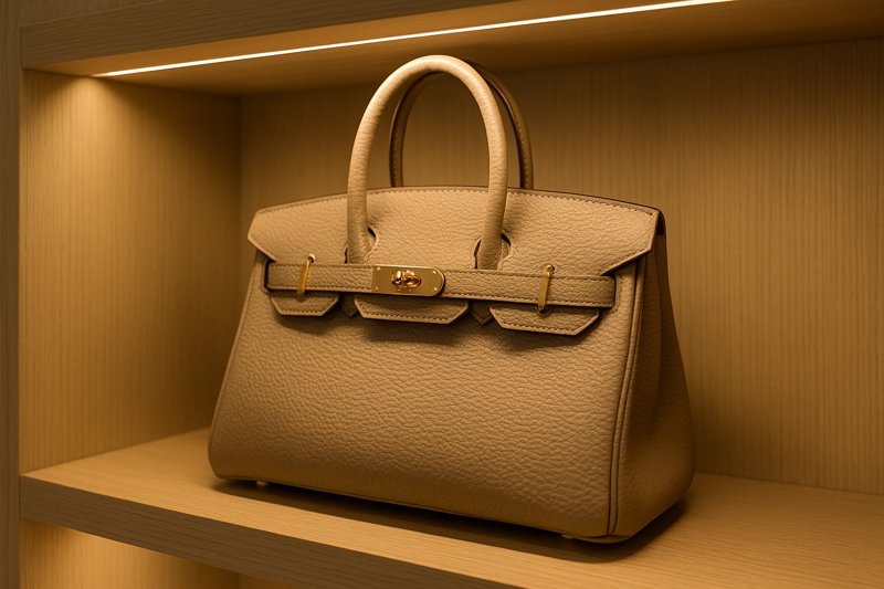 A close-up shot of a luxury handbag on a shelf, perfectly illuminated by a hidden LED strip. The light makes the leather texture and metal hardware stand out beautifully.