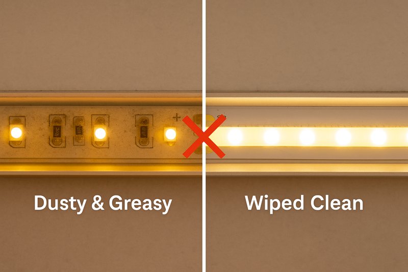 A split image showing one half of an LED strip covered in a dusty, greasy film looking dim, and the other half wiped clean and looking bright.