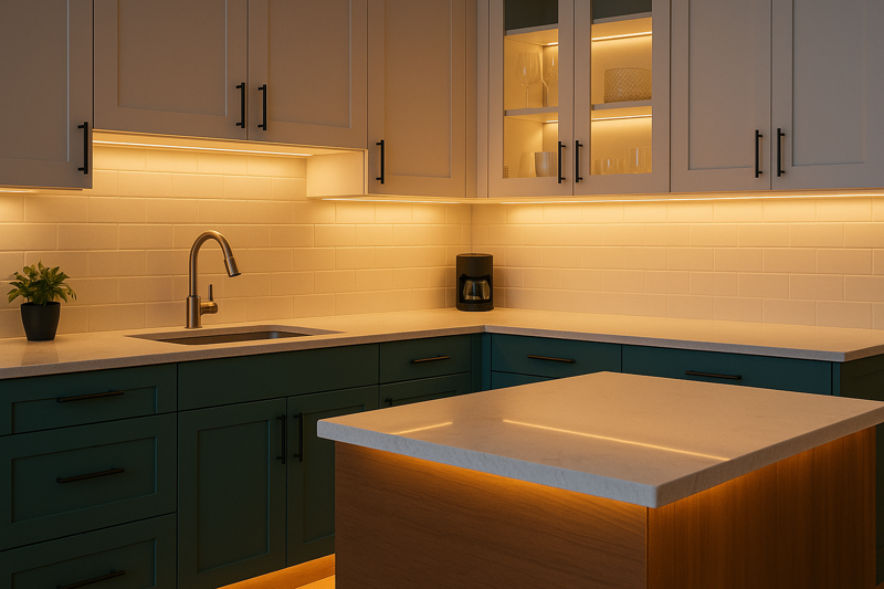 A beautifully lit modern kitchen showcasing under-cabinet task lighting, in-cabinet display lighting, and a warm glow from under the island countertop.