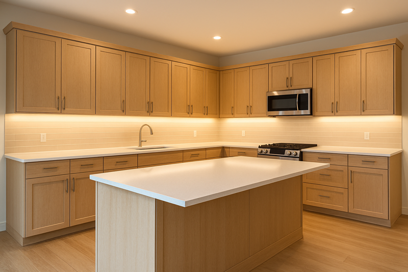 A wide shot of a stunning modern kitchen where under-cabinet lights illuminate the countertops, making the space look bright, open, and luxurious