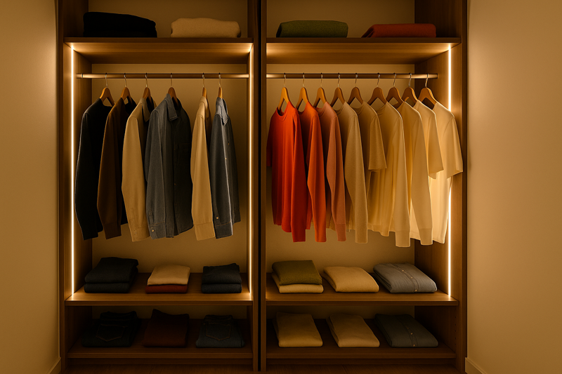 A beautifully organized walk-in closet with vertically mounted LED strips illuminating shelves of clothing, showing vibrant and accurate colors.