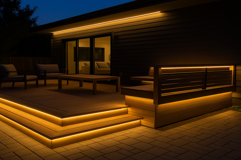 A stunning modern patio with LED strips under deck railings, lighting up step-downs, and creating a soft glow under built-in bench seating.