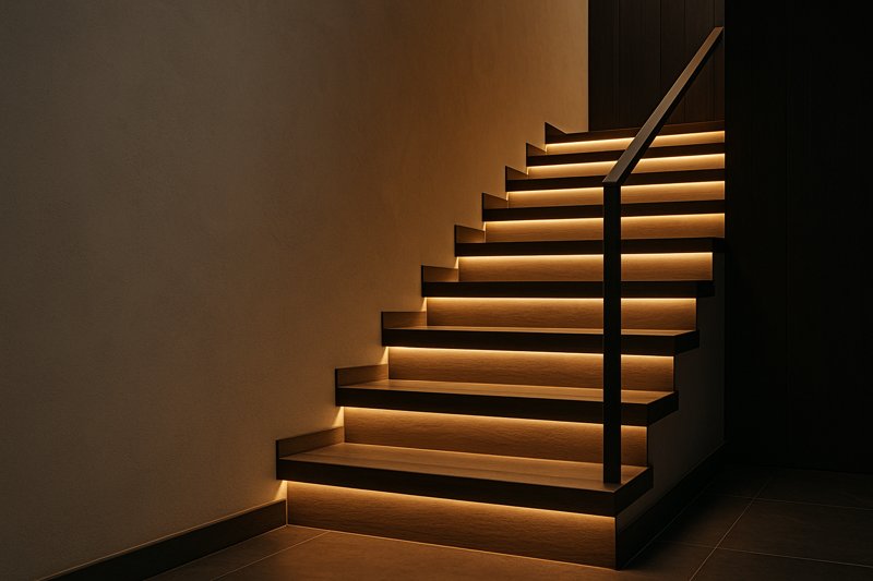 A beautifully lit modern interior staircase, with LED strips concealed under each step creating a floating effect