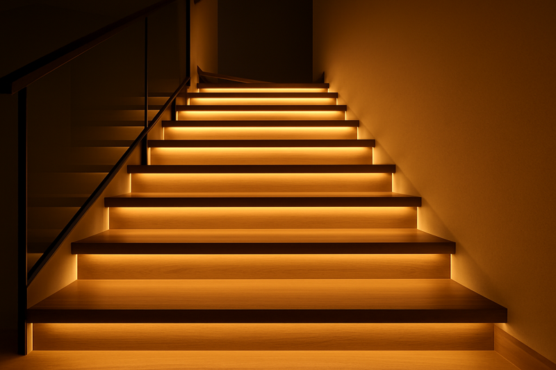 A beautifully lit, modern wooden staircase at night. A warm, soft light glows from beneath the nosing of each step, clearly defining the path and creating a luxurious ambiance