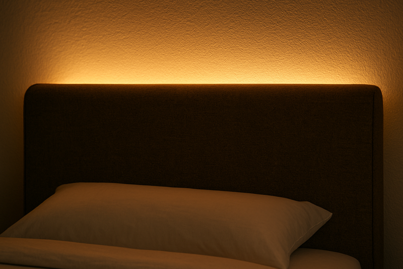 A close-up of a stylish headboard with a beautiful, warm white light washing up the wall behind it, creating a cozy and inviting effect.