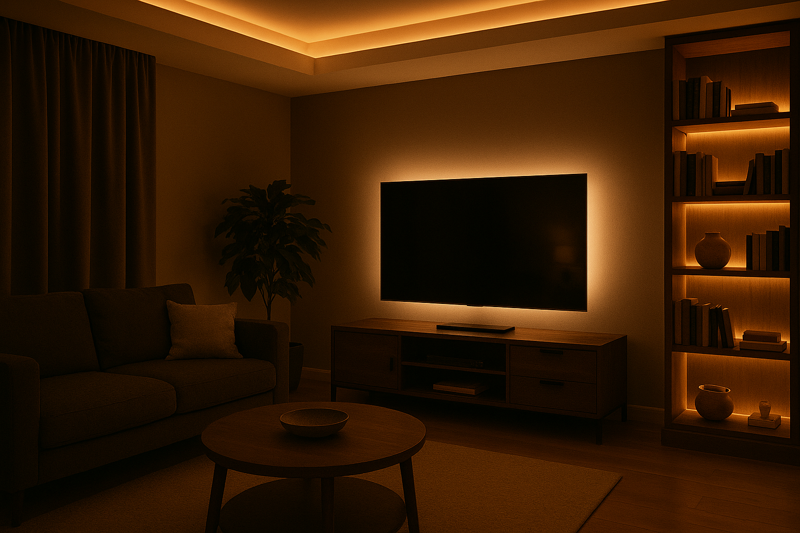 A cozy living room with a warm glow from a ceiling cove, dramatic backlighting behind a large TV, and accent lighting on bookshelves.