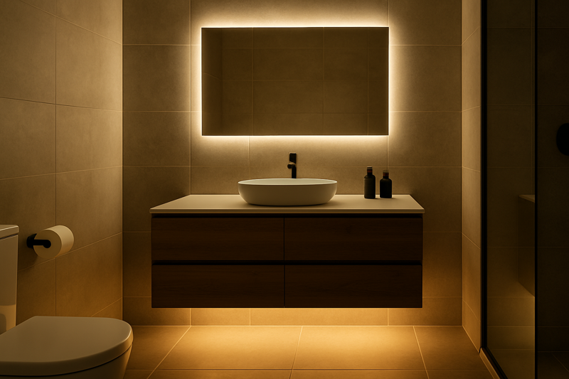 A serene bathroom with a backlit mirror providing perfect task lighting and a 