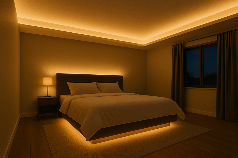 A bedroom with a low ceiling that looks surprisingly spacious due to a warm light glowing from a ceiling cove and a soft light from under the 