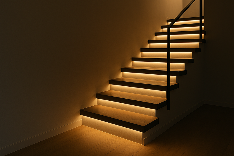 A modern floating staircase with LED strips integrated under each tread, creating a cascading waterfall of light that is both beautiful and safe.