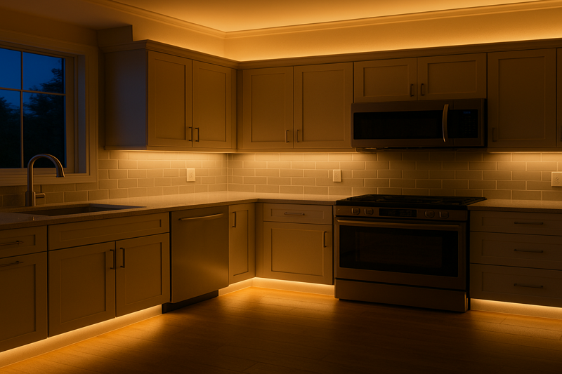 A kitchen at dusk showing three layers of light: bright under-cabinet task lighting, a soft glow from under the toe-kicks making the cabinets float, and warm uplighting from above the cabinets.