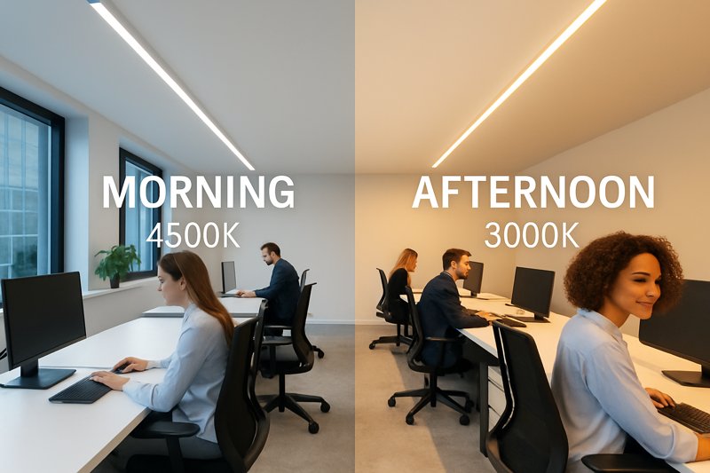 An office space shown at two different times of day: in the morning, the light is bright and cool white (4500K); in the afternoon, the light is warmer and less intense (3000K).