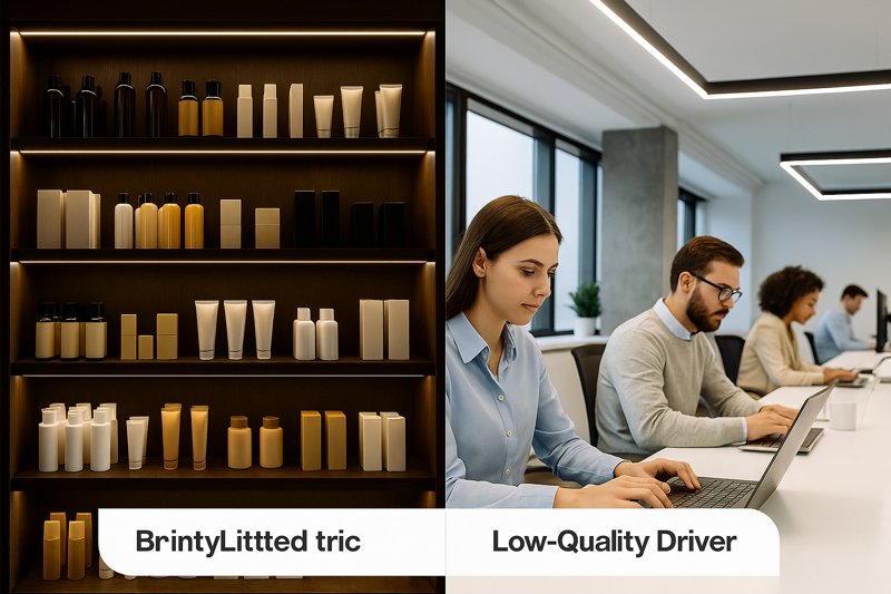 A split image: the left side shows a brightly lit, high-end retail shelf with products that pop; the right side shows a modern, well-lit office with focused and engaged employees
