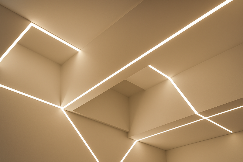 An image showing a complex architectural lighting design with clean, invisible lines, impossible with solar panels