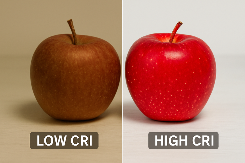A split image showing an apple under low CRI light (dull, brownish) vs. the same apple under high CRI light (vibrant, rich red)