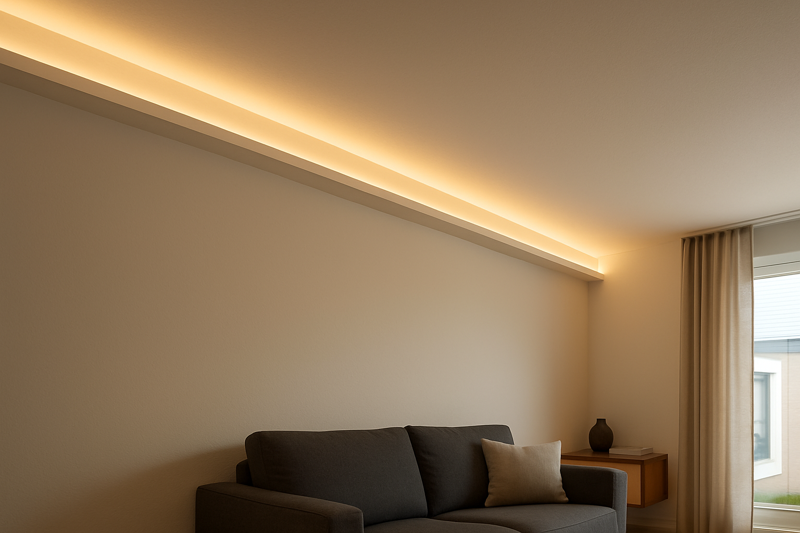 A close-up of a perfect cove lighting installation in a modern living room, showing a seamless, warm glow with no visible hotspots.