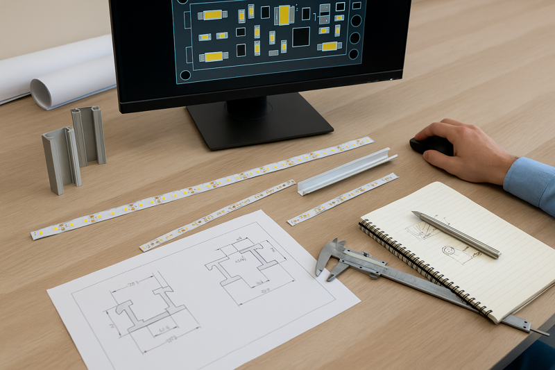 An image showing an engineer's desk with CAD drawings for a custom aluminum channel, PCB designs on a monitor, and physical prototypes of LED strips.