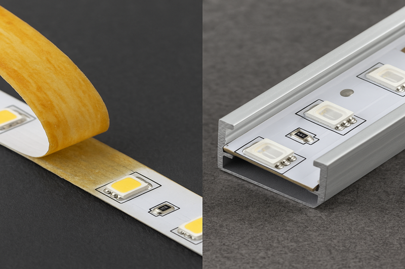 A split image showing a peeling LED strip with yellowed PVC, next to a strip securely held in an aluminum channel