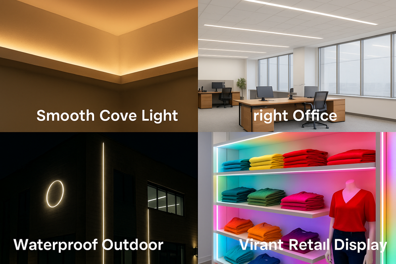 A composite image showing four distinct applications: a smooth cove light, a bright office, a waterproof outdoor facade, and a vibrant retail display