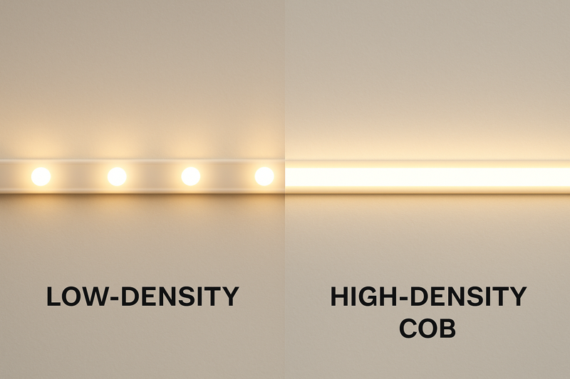 A comparison showing a low-density strip with visible hot spots vs. a high-density COB strip with a perfectly smooth line of light