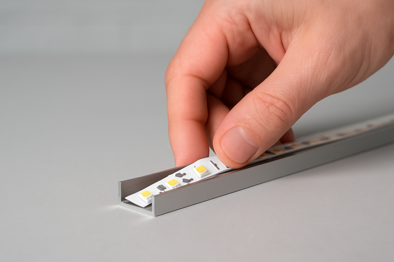 A clean, professional-looking installation in progress, showing a hand carefully pressing an LED strip into a neat aluminum channel
