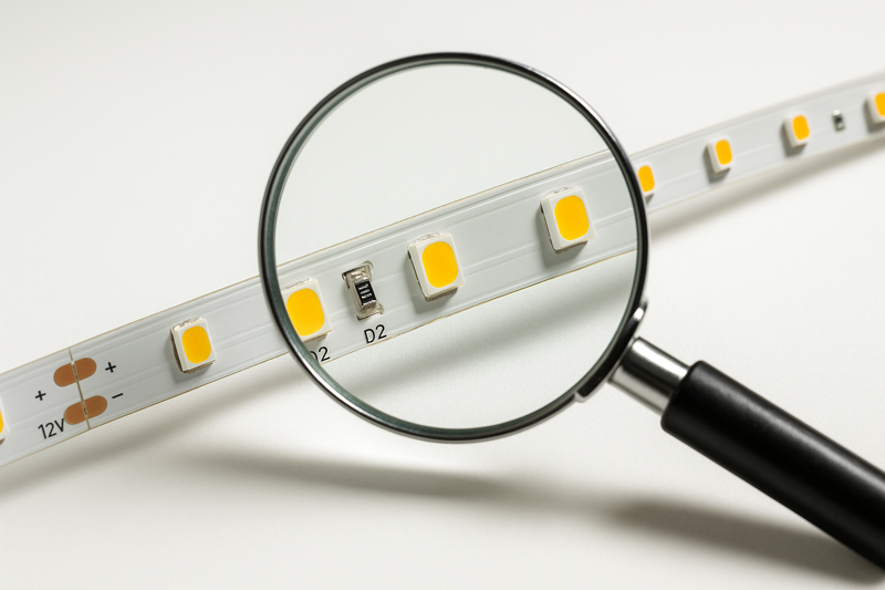 A magnifying glass hovering over an LED strip, focusing on the quality of the soldering and components