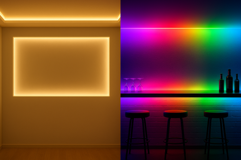 A split image showing a serene, warm white cove light on the left, and a vibrant, color-changing bar lighting on the right