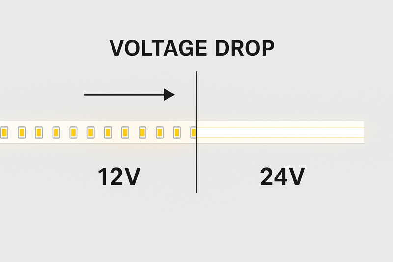 A diagram visually explaining voltage drop: a 12V strip gets dim at the end, while a 24V strip maintains its brightness over the same distance