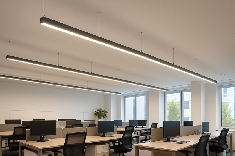 A modern, well-lit open-plan office with linear suspension fixtures using LED strips, casting even, glare-free light on the desks below.