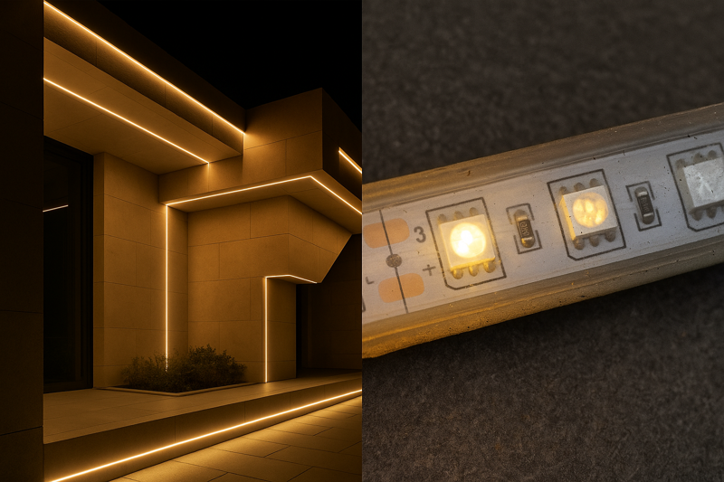 A beautiful architectural lighting project is shown on one side, contrasted with a flickering, discolored LED strip on the other