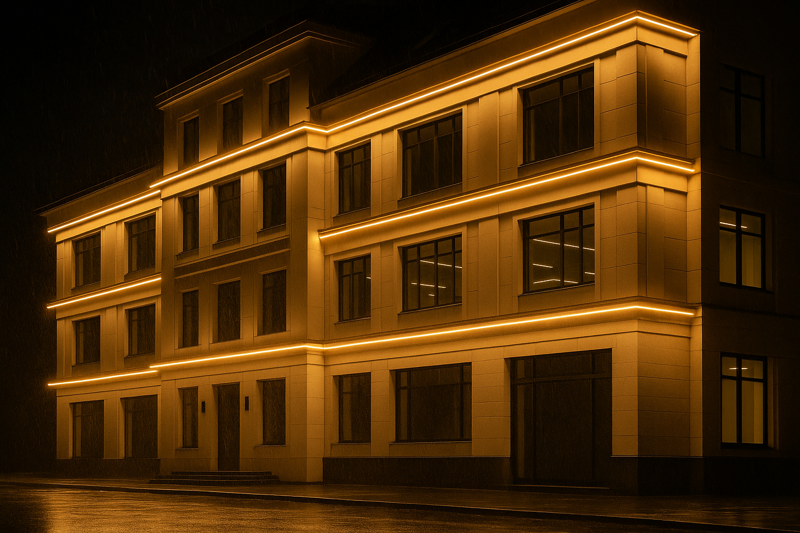 A building facade at night, beautifully illuminated with IP67 LED strips that are clearly withstanding rain and the elements.