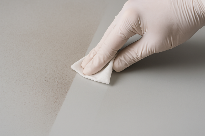 A hand in a glove wiping a clean line on a dusty surface with an isopropyl alcohol wipe before installation.