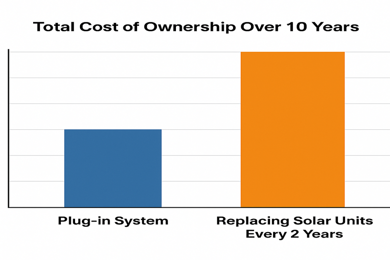 A simple chart comparing the total cost of ownership over 10 years for a plug-in system vs replacing solar units every 2 years