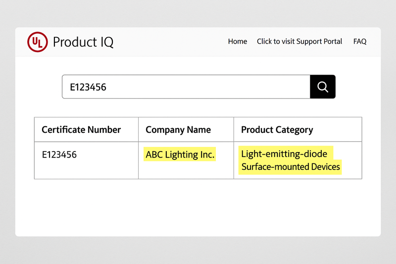 A screenshot showing a search on the UL database (UL Product iQ) with a valid certificate number and the corresponding company name and product category highlighted.